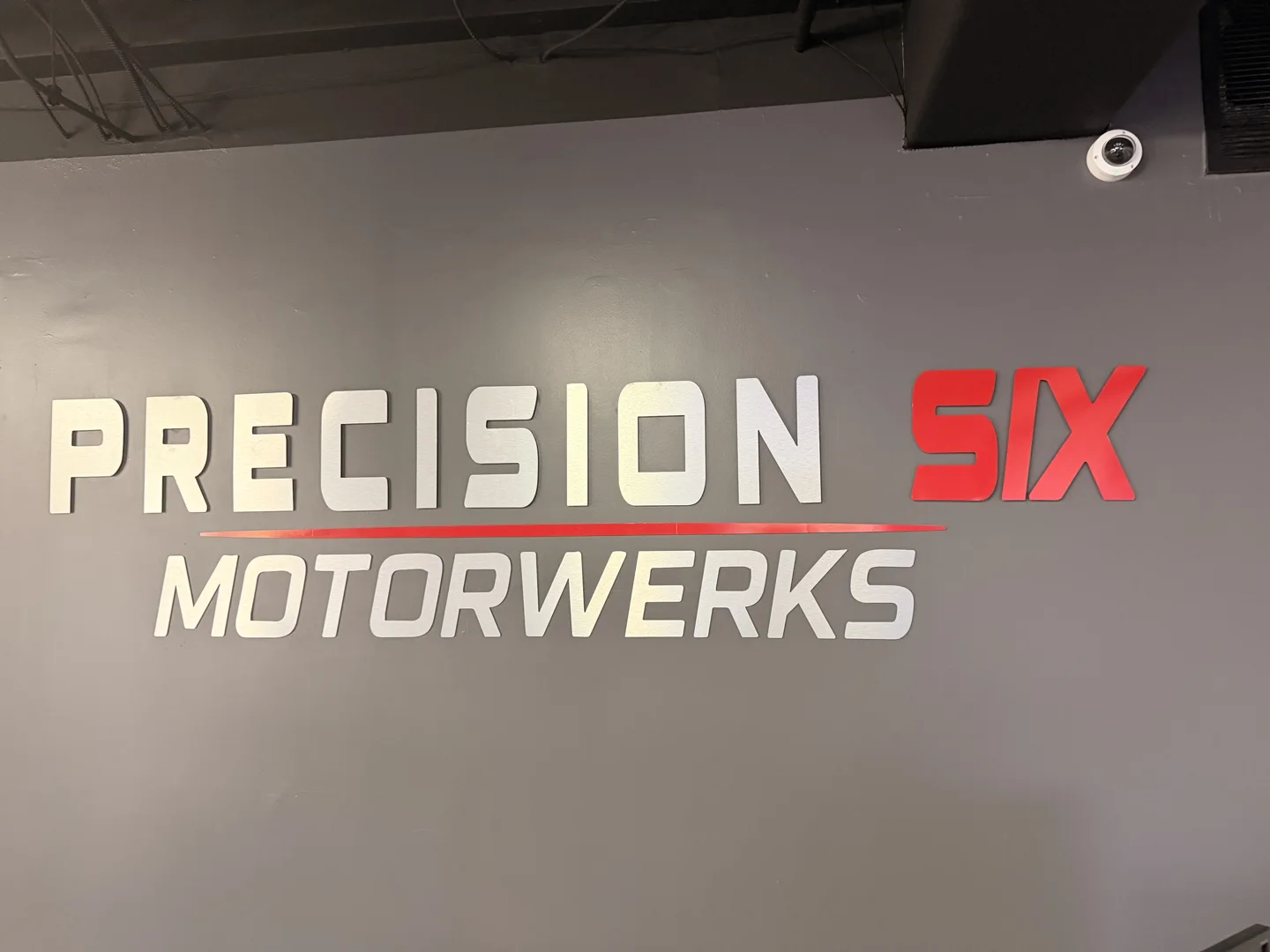Precision Six Motorwerks: Dimensional wall lettering